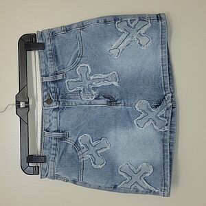 Denim Light Blue Mini Skirt with Distressed Cross Appliqués